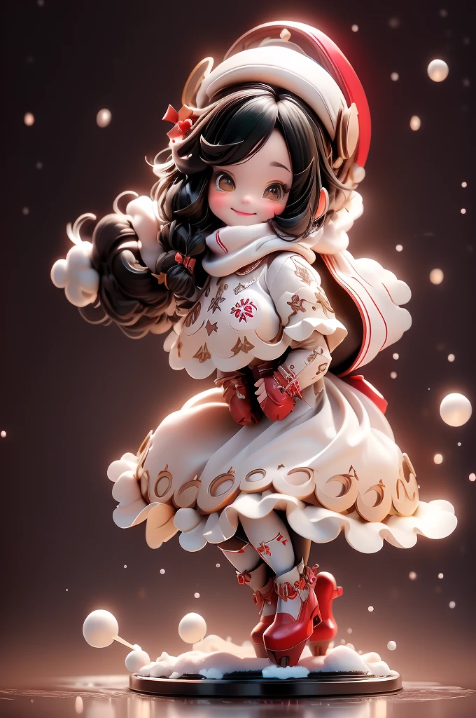amasterpiece, best quality, 8k, cinematic light, ultra high res, chibi, a cute girl smiling sitting on a sleigh, black hair, christmas steampunk dress, christmas hair bows, (white pantyhose), (red pumps), magical night, winter night, magical sparks floating, falling snow, dark shadows, ((dark fantasy)),