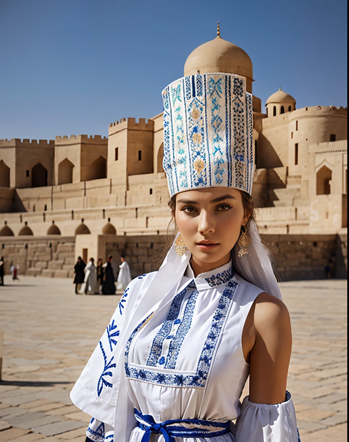 Elevate your style with a dress that combines the modernity of high fashion with the rich history of the Ark Fortress in Bukhara. Opt for a hyperrealistic rendering and choose a material adorned with traditional patterns or artistic drawings.