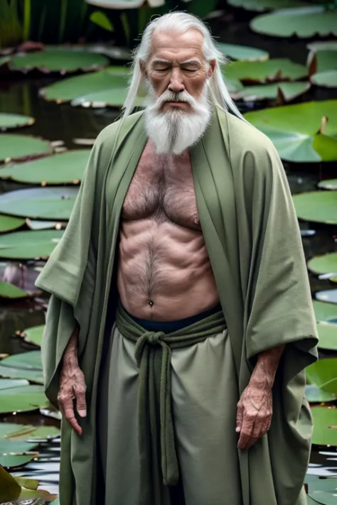 old-aged man, wrinkles,long white hair,long white beard,..dressed in a loose moss green robe  his shirt was open to reveal his s...