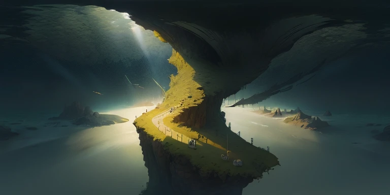 Außerirdische schwimmende Inseln mit Tentakeln, Nebel, Vintage-Science-Fiction, Roger Dean, Greg Rutkowski, loish, rhads, beeple, Makoto Shinkai und Lois Van Baarle, Ilja Kuwschinow, Abonnieren, Tom Bagshaw, Alphonse Mucha, Globale Beleuchtung, detaillierte und komplexe Umgebung