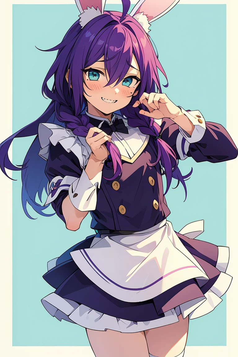 long hair, mole under mouth, purple hair, single braid, hair between eyes, aqua eyes, sharp teeth, ahoge, 1boy, blush, smile, cowboy shot, white bunny ears, white maid outfit