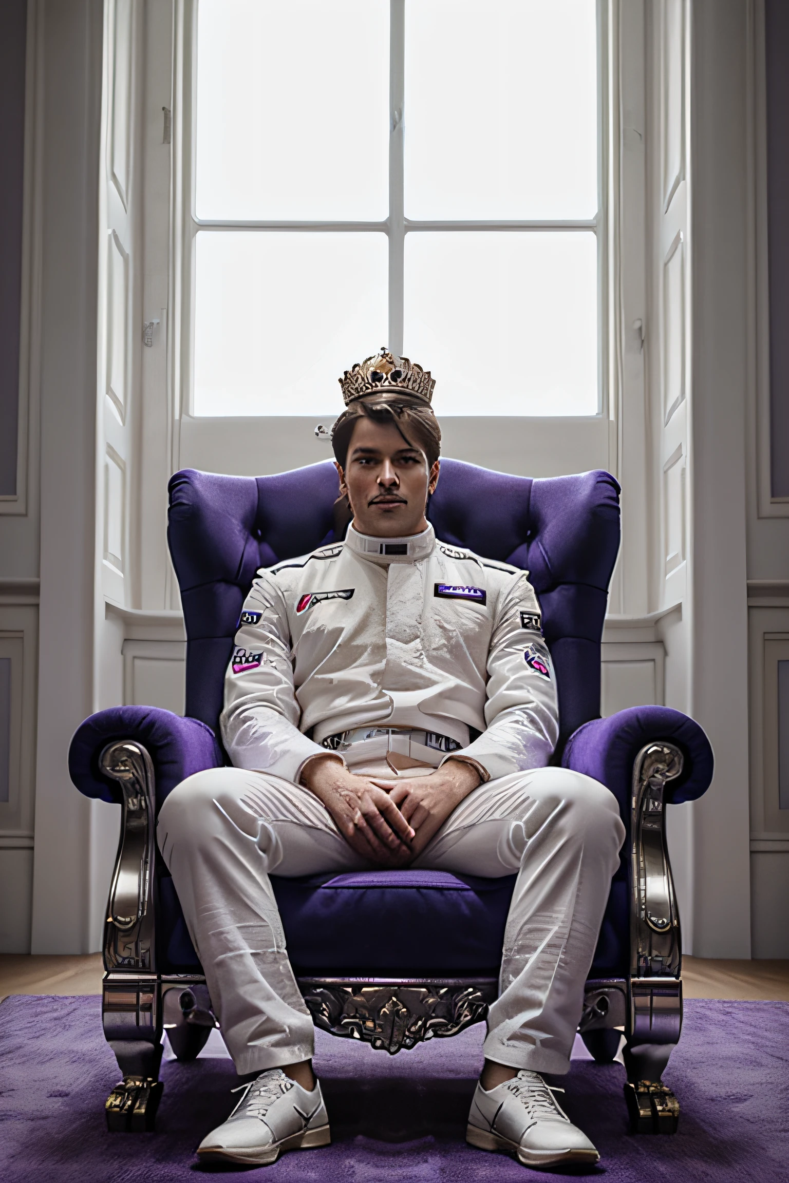 Formula 1 Driver Sitting On A Purple Royal Throne Sem Capacete Usando Uma Coroa Roupas 