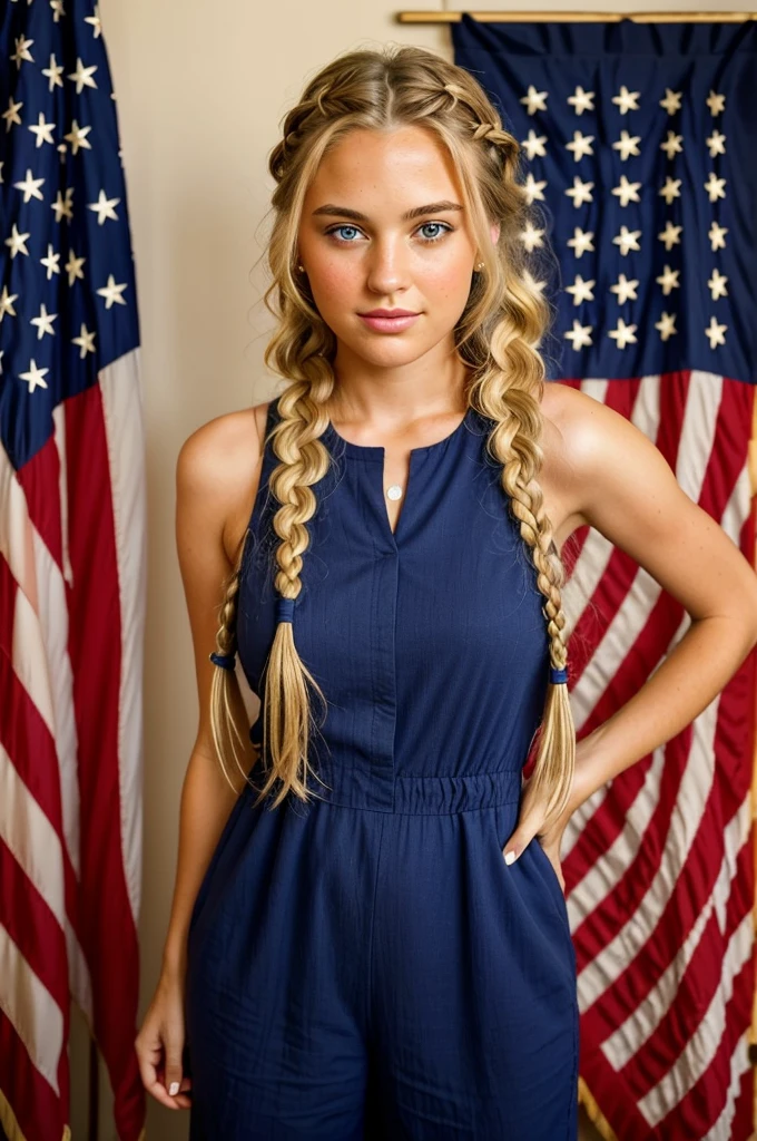 "Imagine a PORTRAIT of a friendly 2 AmerICAN. She has short,neatly plaited and braided BLONDE hair, striking brown eyes. DRESSED IN 4TH OF JULY DRESS" CELEBRATING 4TH OF JULY SEXY JUMPSUIT."