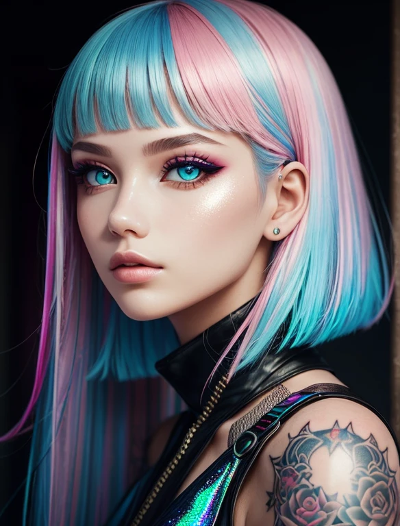 This pretty girl with bright eyes in synthography style has short, vibrant hair, carefully styled in shades of pastel blue and pink. Its intense gauze  underscored by its multi-coloured irises, which seem to illuminate the room. Your skin  smooth and translucent, with slight futuristic elements incorporated, such as small sparkles on the face. She wears soft makeup, with subtle neon touches that enhance your captivating expression. His style  bold and avant-garde, with clothes that mix technological elements and a retro touch, like a metallic dress and holographic boots. An aura of creativity and curiosity surrounds her,  her an inspiring figure in the world of art and technology. Highly detailed background:1.0), (Highly detailed background:1.0), (master part), high quality, 1girl, Woman, tattoo, depth of field, dynamic lighting, high-quality shadows,, white hair