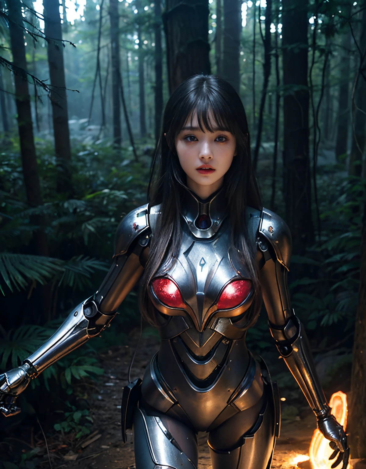 (1 Mechanical Girl)、（Mystical expression）、top-quality、​masterpiece、超A high resolution、(Photorealsitic:1.4)、Raw photo、女の子1人、Fight mutants、glowy skin、(((1 Mechanical Girl)))、（Red Metal Bodysuit）、(Fight goblings、ogre、Fierce battle with Osite、Beautiful forest background of fierce battle with alien night demon beast)、(Small LED)、((super realistic details))、vertical giant monster background),globalillumination、Shadow、octan render、8K、ultrasharp、Colossal 、Raw skin exposed in the cleavage、red metal、Details of complex ornaments、Japan details、highly intricate detail、Realistic light、(Mystical expression),CG Society Trenlow Eyes、Eyes shining towards the camera、Mechanical marginal blood vessels connected to neon detail tubes)、(Wires and cables connecting to the head)、Small LED、,Mechanical thighs、Toostock、（Hands are also made of machines.traces on the cliff）、、