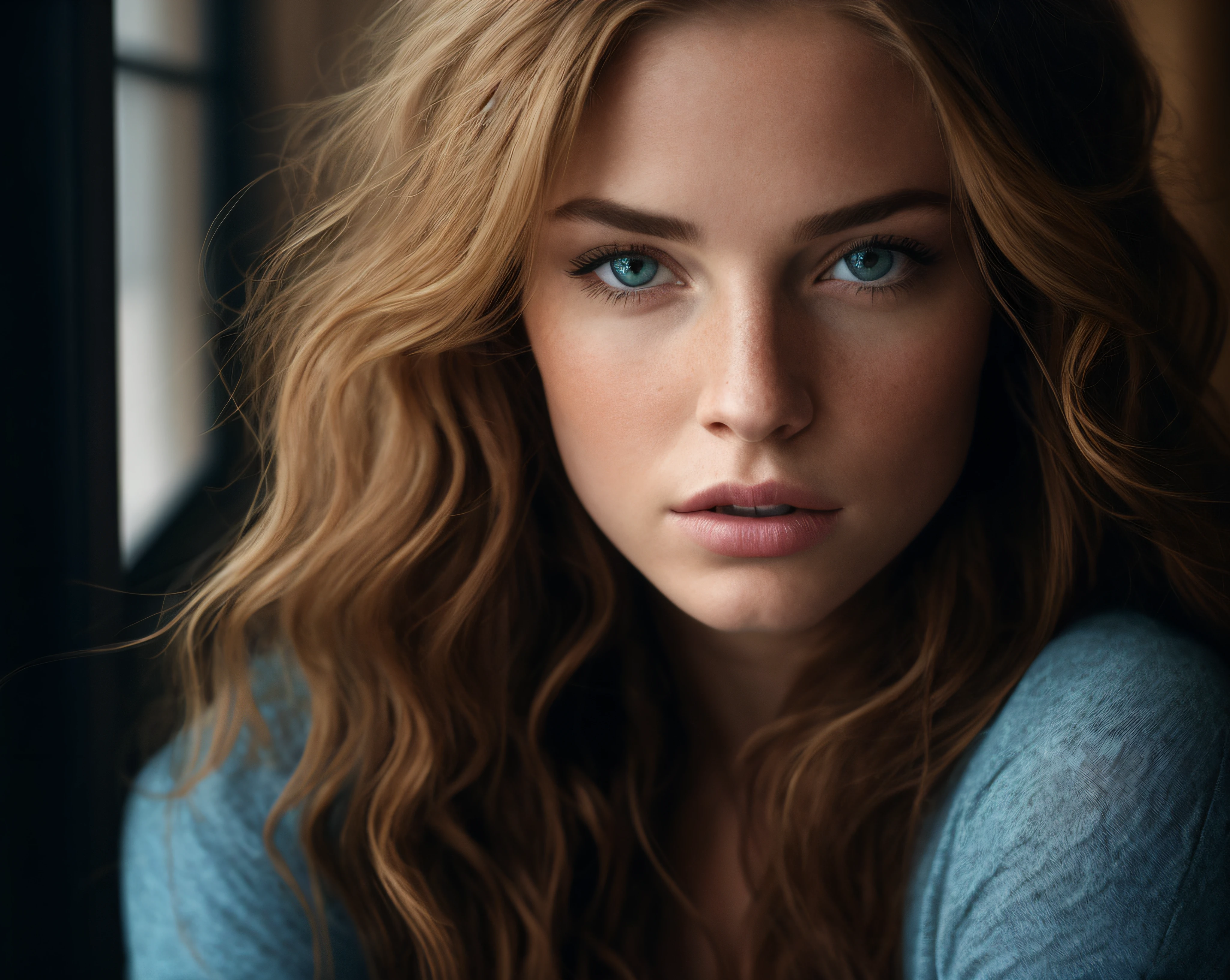 professional, (4k photo:1.1) by (Jeremy Lipking:0.3), (Dittmann Anna:0.3), (Arian Mark:0.3), (Sharp focus:1.3), high detail, wearing (t-shirt:1.2), beautiful detailed face, hazel eyes, long blonde hair, (attractive young woman:1.3), (seductive:1.1), (blushing:1.1), hourglass body shape, small round breasts, wide hips, sitting in front of a large window, in a luxurious hotel