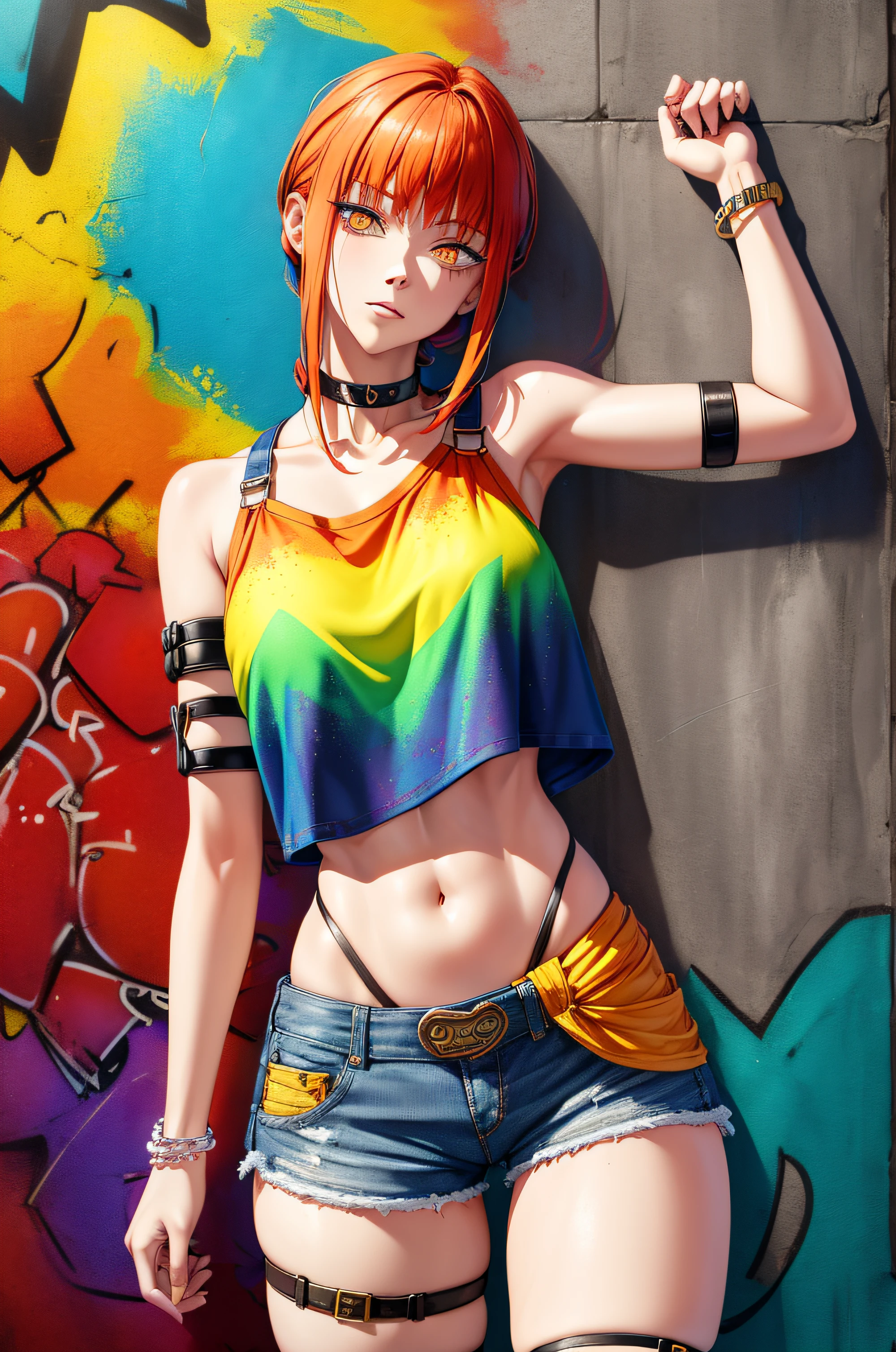 Masterpiece, Best Quality, 1girl, report, crop-top, jean shorts, Choker, (graffiti:1.aint splatter, (Hands Behind Your Back), Against a wall, looking a viewer, A bracelet, thigh strap, Paint on the body, tilt of head, bored, fiery hair color, Rainbow-colored eyes,