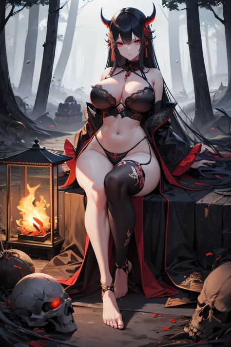 Japanese daemon woman (highly detailed face 1.6), (detailed legs 1.2), (detailed feet 1.2), hourglass body, pale skin, ultra detailed, large breasts and very large hips, dynamic hair, long straight hair, sitting atop a pile of skulls in a japanese forest, ...