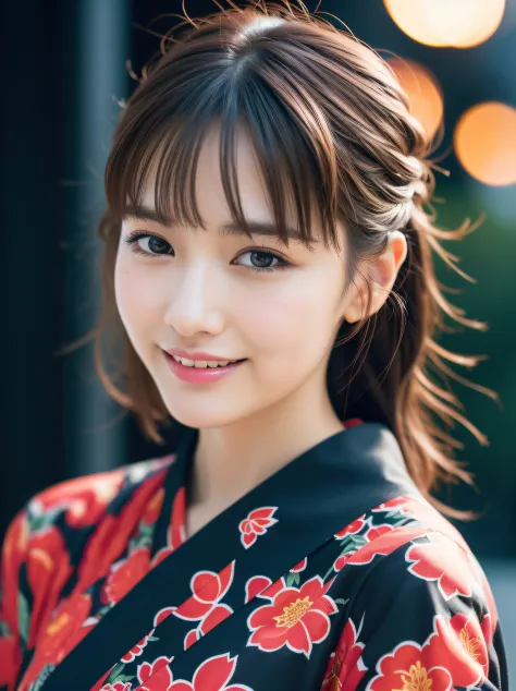 1girl in,(Komono, Black kimono, with floral pattern, print kimono, sash, Wide sleeves, Obi),City Background,(Raw photo, Best Qua...