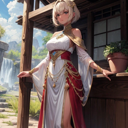 (best quality,4k,highres,masterpiece:1.2) noble, tanned skin,long dress, fantasy, short hair, modest clothing