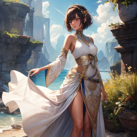 (best quality,4k,highres,masterpiece:1.2) noble, tanned skin,long dress, fantasy, short hair, modest clothing