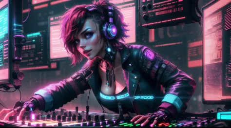 A Cute, Sexy, Charming, Good Looking Cyberpunk Female Dj From Future Playing Dj Set In The Front Of The Crowd.