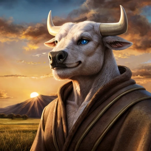 portrait bull wearing brown armored robes, grasslands background, sunset, clouds in the sky, photorealistic, highly detailed, intricate lighting, 8K, medium-length horns, blue eyes, human-like eyes, albino fur, black nose, smile,