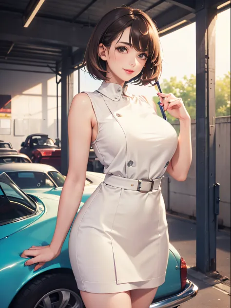 127
(a 20 yo woman, Standing), (A hyper-realistic), (high-level image quality), ((beautiful hairstyle 46)), ((short-hair:1.46)), (Gentle smile), (breasted:1.1), (lipsticks), (Large garage), (Depth of field is deep), (classic car)