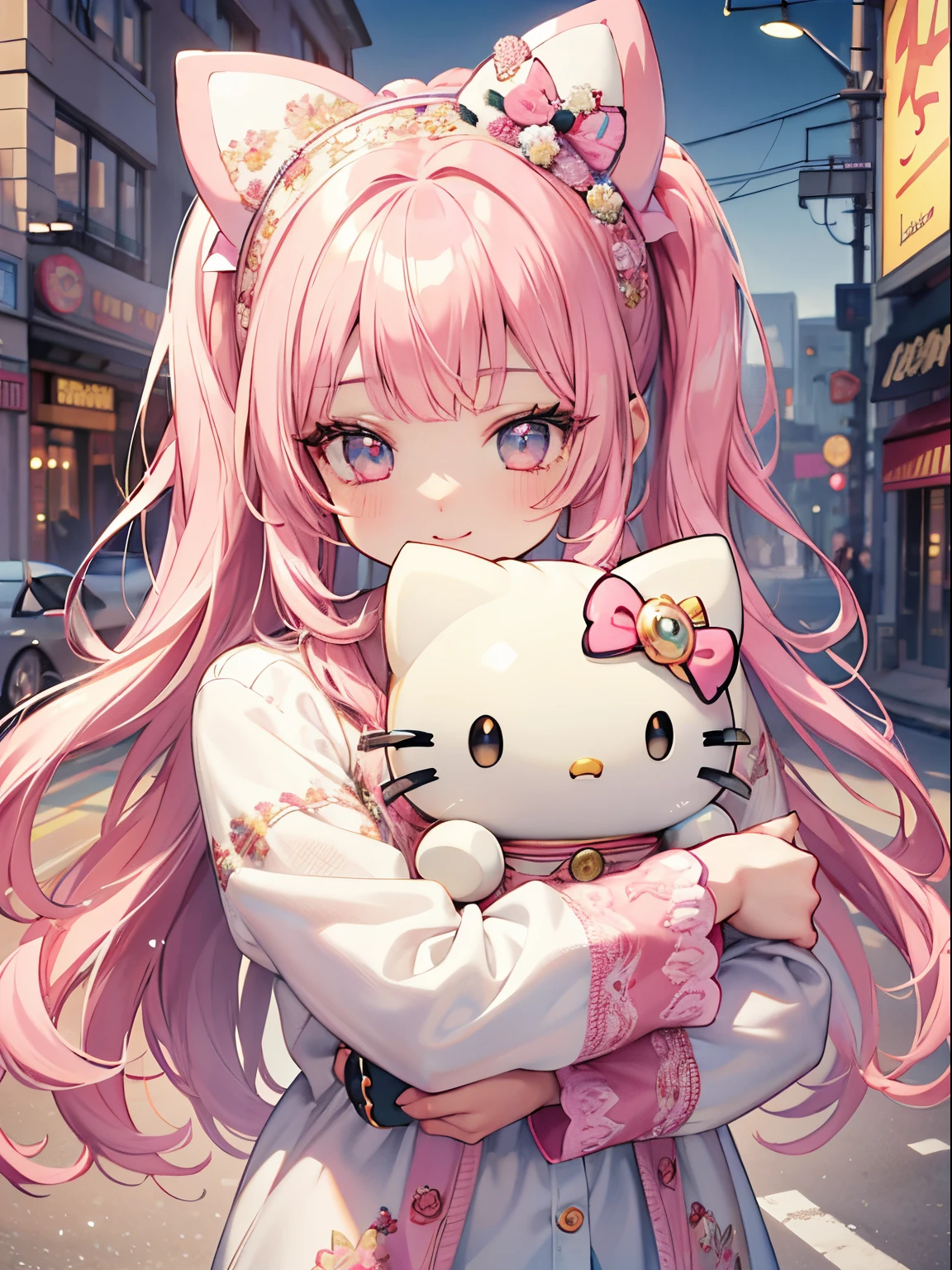 best quality, 4K wallpaper, masterpiece, extremely detailed CG unity 8k wallpaper, extremely detailed eyes, ultra-detailed, intricate details, 
1girl, (h1c4tt3ch postcards), hugging hello kitty doll, neon city happy, smile, hello kitty, adorable, cute, dynamic pose