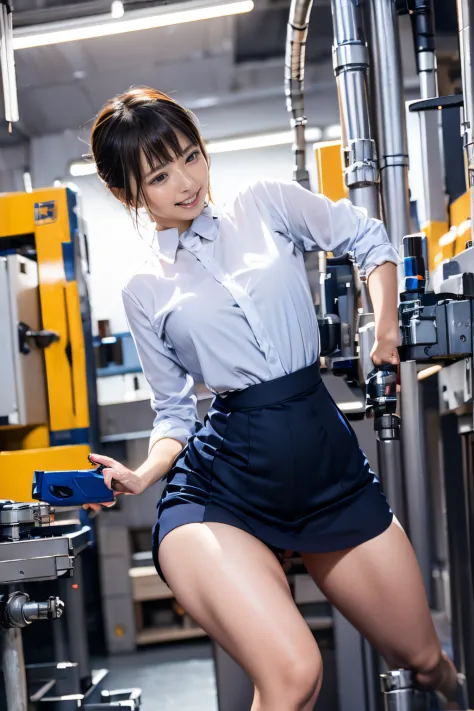 a women, factory clerk, wearing work clothes, skirt, panties, straddling to hit her crotch on exposed pipe, open legs, raise leg, masturbation, ecstasy, in the factory, machines, ceiling, nameplate, id card
