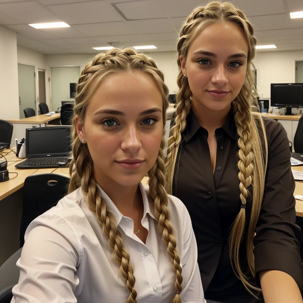 "Imagine a selfie of a friendly 2 AmerICAN crypto trader. She has short,neatly plaited and braided BLONDE hair, striking brown eyes, working in an office professionally dressed and smart sexy