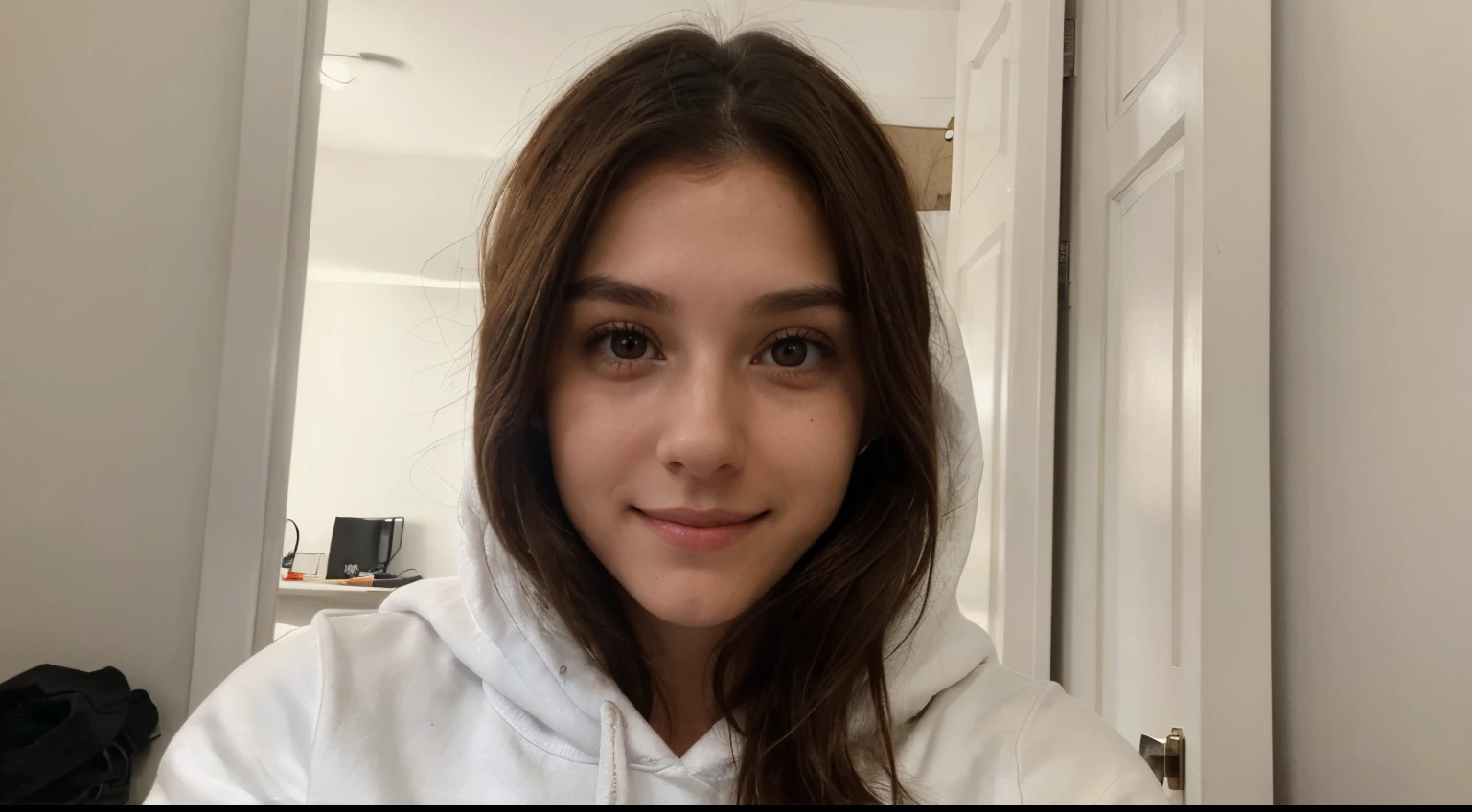 A close up of a woman in a white hoodie looking at the camera - SeaArt AI