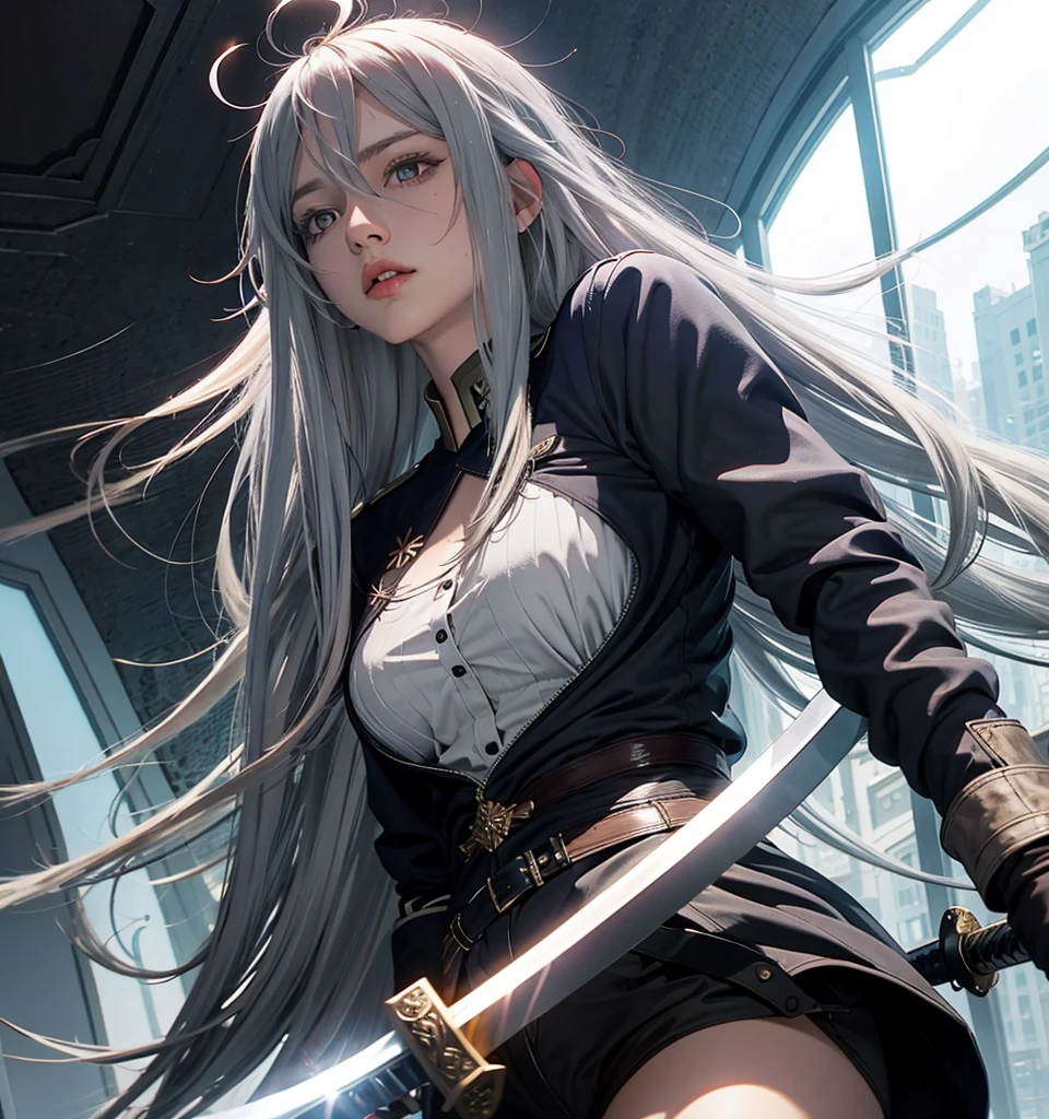 VladilenaLora, long hair, grey eyes, grey hair, sword,