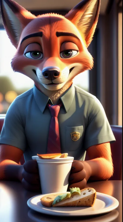 nick wilde from zootopia alone having an afternoon snack in a cafeteria wearing the standard outfit from the film looking at the viewer happy expression ultra realistic in 3D full HD mega high quality