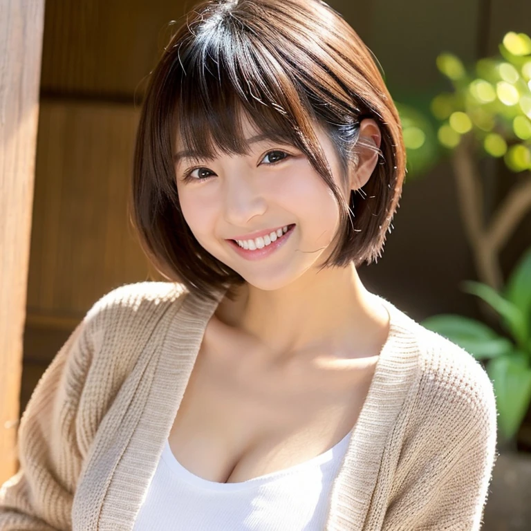 Une jolie femme japonaise raccourci Bonnet E du sein chemise blanche SeaArt AI