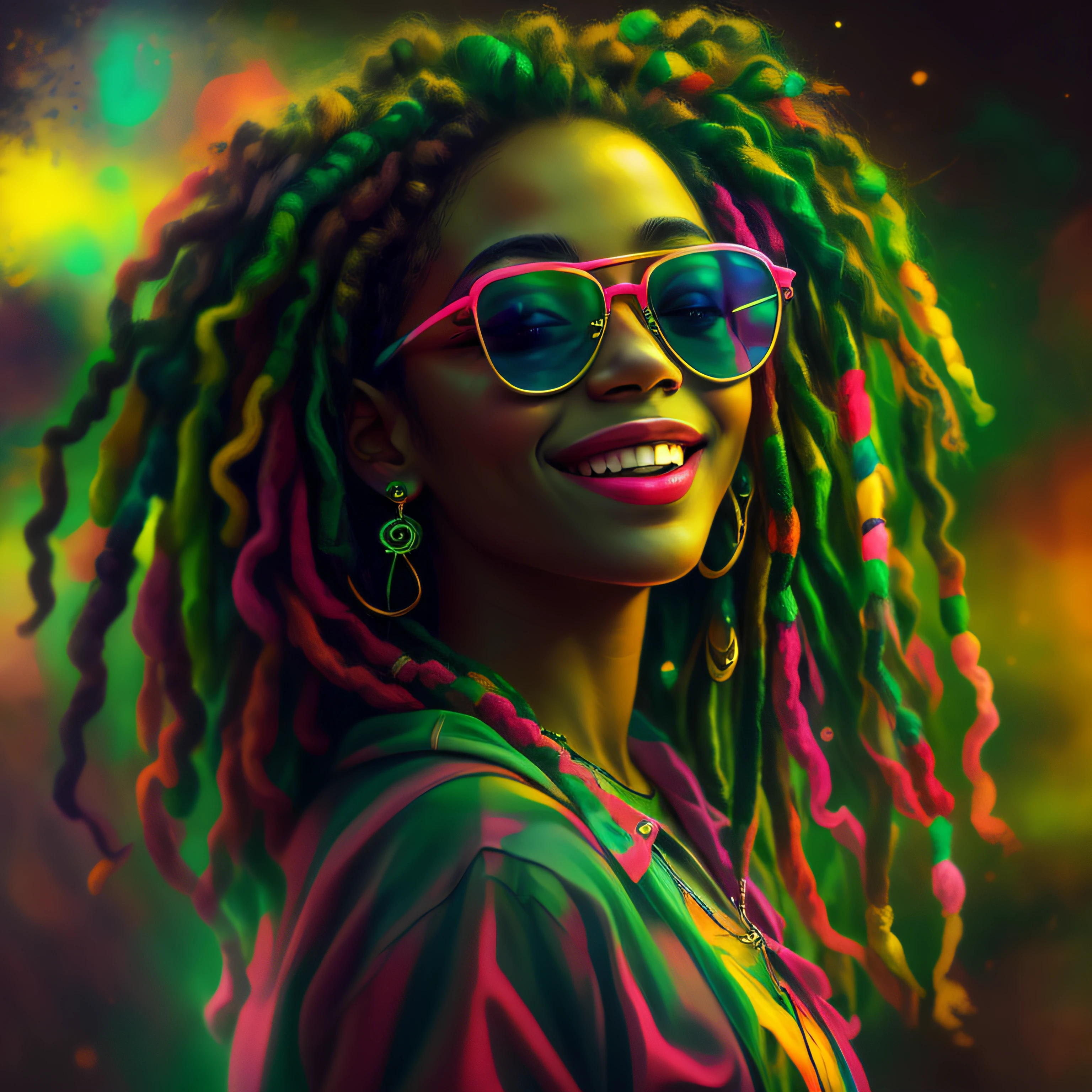 Vektorgrafiken, blur art (1 lächelndes Rasta-Mädchen in reggaefarbener Kleidung) Mafia, Kinobeleuchtung im Neon-Stil, Tinte bespritzt