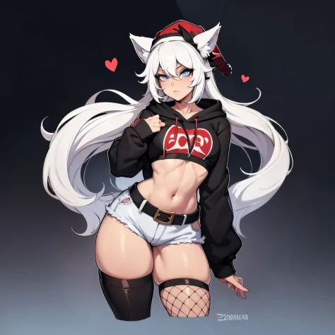 Femboy with wolf ears, has white hair,  male, male, short, wearing cropped hoodie, wearing denim short shorts, wearing thigh high fishnets, wearing black combat boots, SOLO, ALONE, (SOLO)(ALONE), has blue eyes, (Perfect eyeasterpiece) thick thighs, wide hi...