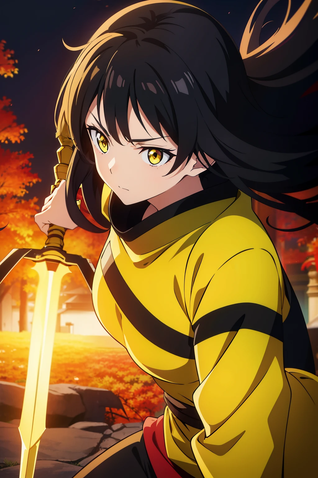 (Best Quality, masutepiece, High resolution, anime screen cap, anime colours, offcial art, black hair, yellow eyes, female warrior, spear