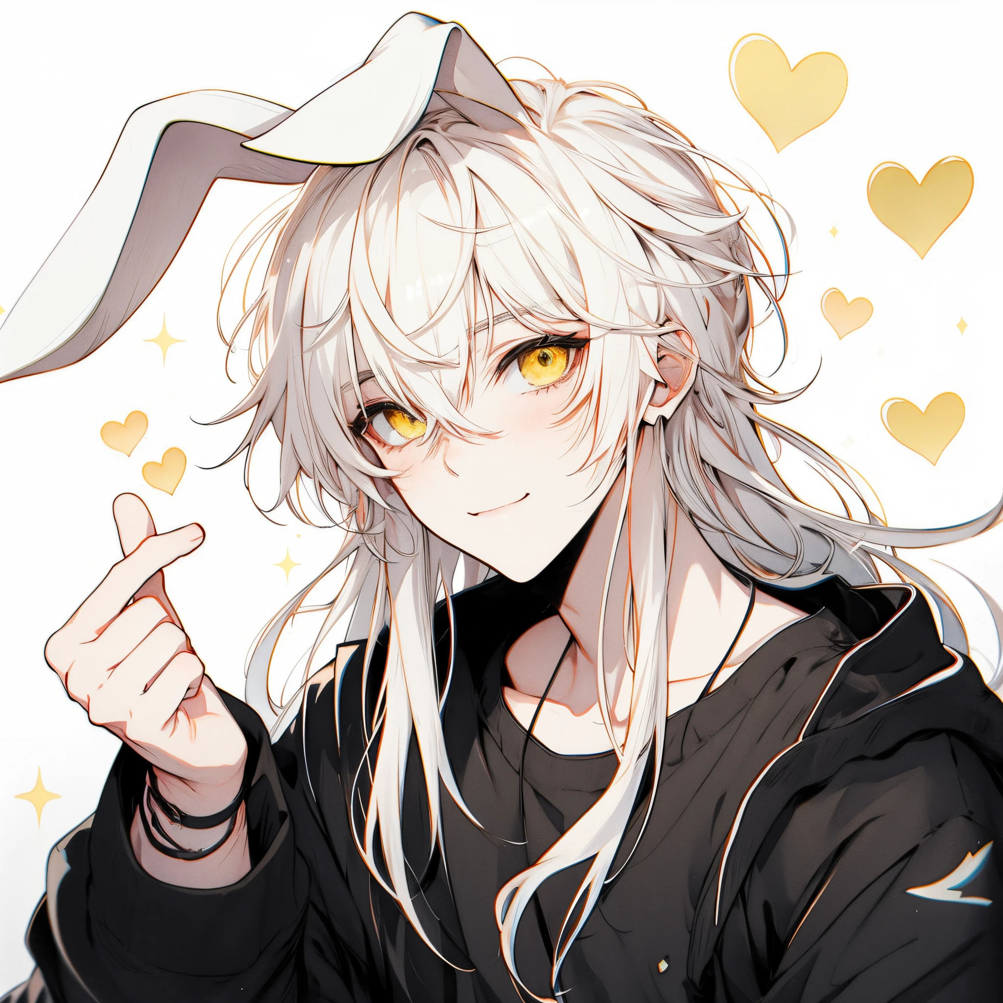 Clear line drawing, Transparent watercolor, Clear shading, Beautiful young man, White hair, Long hair, rabbitears、Yellow eyes, Black shirt, finger heart, Fashionable everyday wear, convey love, inner strength, ❤️, I love it,High quality, amount of drawing, pixiv illustration、A slight smil