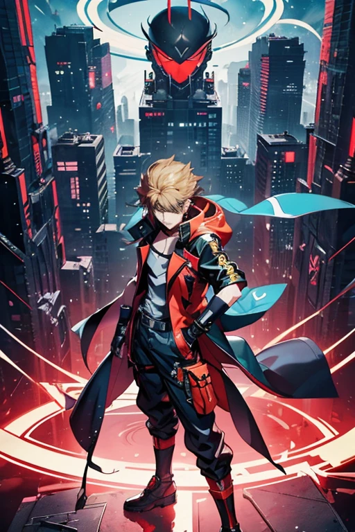 a man with long red hair, a yellow coat and a disc on his left arm alone, Akira royal costume, trigger anime artstyle, guilty gear strive splash art, key anime art, offcial art, dio brando, high detailed official artwork, Estilo de arte Guilty Gear, Epic anime style, Persona 5 Art Style wlop, KDA, better arms, more purple and blue details, Yu-Gi-Oh estilo arte, egyptian setting,