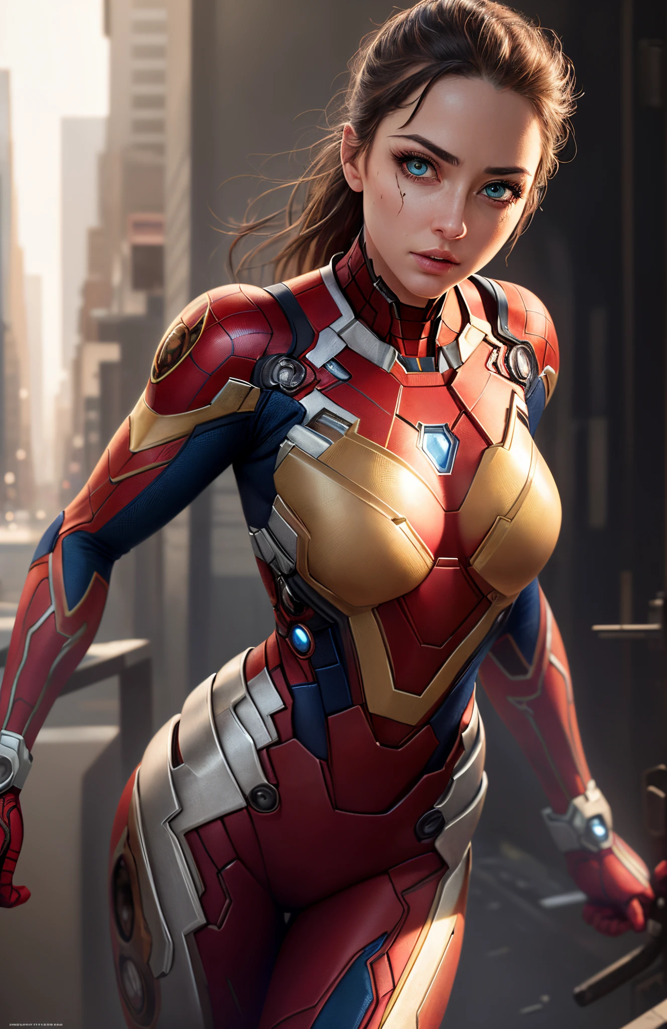 proportional eyes, (realistic:1.5),photorealistic, hyper realistic, (extremely detailed eyes), hyper detailed, soft lighting, (detailed background), extreme detail background, sharp details, ((full body)), female wearing a combination of spiderman and ironman ripped open front of suit to exposed breasts, flushed face