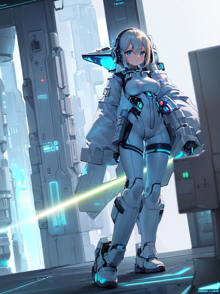 ​masterpiece:1.4, 1girl in ((20yr old, Wearing a futuristic white and silver costume, Tight Fit Bodysuit, long boots, Very gigantic-breasts, Multicolored blonde hair, a short bob, Perfect model body, Blue eyes:1.2, Wearing headphones, Looking out the window of the futuristic sci-fi space station、While admiring the beautiful galaxy:1.2, SFSF control room on night background:1.1, Neon and energetic atmosphere:1.2)) ((Galaxy))