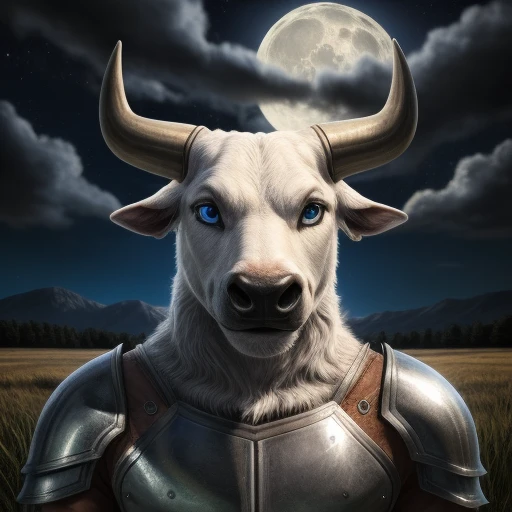 portrait bull wearing silver plate armor, grasslands background, nighttime, full moon, clouds in the sky, photorealistic, highly detailed, intricate nighttime lighting, 8K, medium-length horns, light blue eyes, human-like eyes, albino fur, black nose, muscled body, smile, detailed fur,