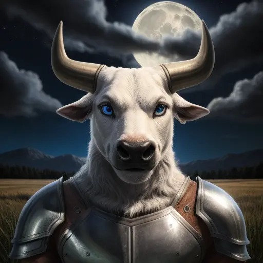 portrait bull wearing silver plate armor, grasslands background, nighttime, full moon, clouds in the sky, photorealistic, highly...