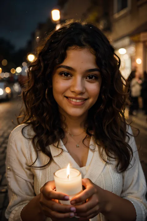 Mujer latina, cabello rizado, en la calle sosteniendo una vela por la noche, Children in the background, luz, Bokeh, 55mm camera, sonriente, Kinematic, warm and cold lights, retrato