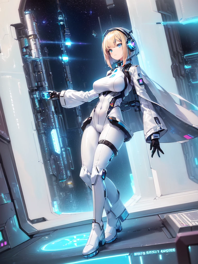 ​masterpiece:1.4, 1girl in ((20yr old, Wearing a futuristic white and silver costume, Tight Fit Bodysuit, long boots, Very gigantic-breasts, Multicolored blonde hair, a short bob, Perfect model body, Blue eyes:1.2, Wearing headphones, Looking out the window of the futuristic sci-fi space station、While admiring the beautiful galaxy:1.2, SFSF control room on night background:1.1, Neon and energetic atmosphere:1.2)) ((Galaxy))