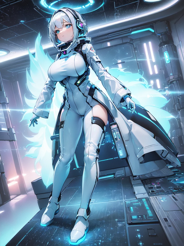 ​masterpiece:1.4, 1girl in ((20yr old, Wearing a futuristic white and silver costume, Tight Fit Bodysuit, long boots, Very gigantic-breasts, Multicolored blonde hair, a short bob, Perfect model body, Blue eyes:1.2, Wearing headphones, Looking out the window of the futuristic sci-fi space station、While admiring the beautiful galaxy:1.2, SFSF control room on night background:1.1, Neon and energetic atmosphere:1.2)) ((Galaxy))