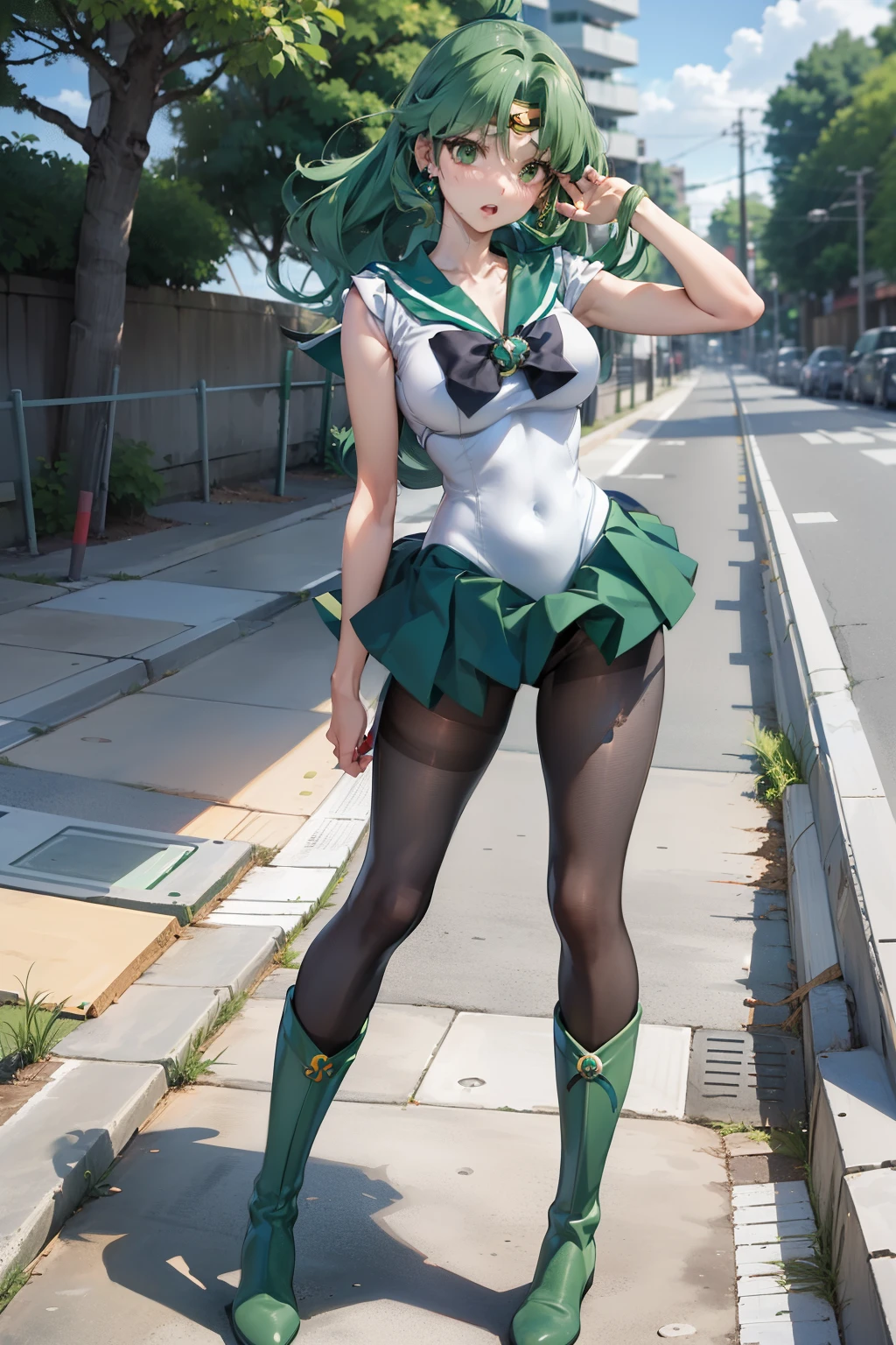 masutepiece, Best Quality, 1girl in, (Sailor Neptune),Green head hair, (Green eye:1.2),((Leotard))、((long boots))、((pantyhose))、((Concrete ground))、length hair、poneyTail、((embarassed expression))、((Poses that emphasize breasts))、((a miniskirt))、((threshold))