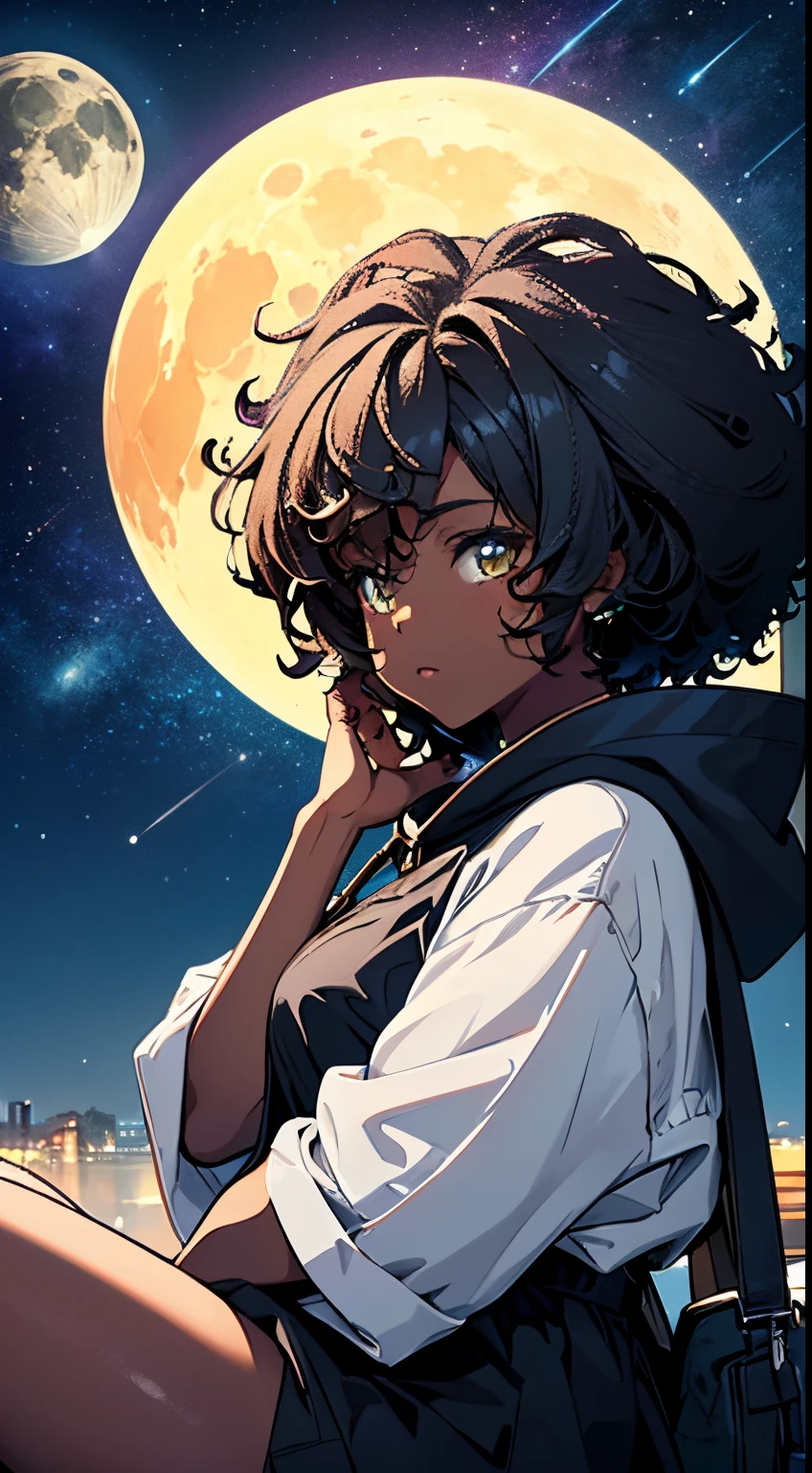 1 pretty anime city girl with dark ebony skin, curly Afro hair, dark skin, ebony skintone, dark brown skin, in a sheer yellow dress, colorful hooded jacket, sitting on a hillside facing a vast sky over in front the moon, looking at the moon, seaside village below((one large oversized white silvery glowing full moon)), shadows, colorful flora, Neon Luminescence, shooting stars, constellations, Vivid Colors, Highly Detailed, UHD, Anime Realism illustration, Beautifully Intricate, ray tracing, Artistic, Soft Natural Volumetric Cinematic Light, (Best Quality,4K,8K,hight resolution, masterpiece :1.2),Ultra-detailed,(Realistic,Photorealistic,Photorealsitic:1.37),Starry night sky,The beauty of the galaxy, Infinite expanses, A dreamy sight,Shining stars,grand,captivating scene,Heavenly Radiance,Bright constellations,Ethereal Atmosphere,Awe-inspiring views,The vastness of the universe,Colorful nebulae,Fantasy landscape,Enchanting universe,Brilliant celestial display,Quiet Tranquility,vivid hues,Dark silhouette of the galaxy,Stunning astral panorama,Majestic celestial canopy. by Studio Ghibli