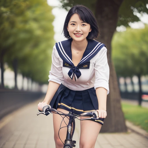 NSFW,1beautiful girl, Beautiful students,(Riding a bicycle:1.5）, (Slender body:1.2), Realistic, ighly detailed, High-definition raw color photos, professional photograpy, Realistic portrait, Cinematic Light,(Black hair short hair -:1.3), (small tits:1,2), (cleavage of the breast:1.2), (girl wearing a sailor :1.5),(Color bra:1.2), (Black pleated skirt）、(Outstanding smile:1.4),, (Best Quality:1.4), Super Detail, High quality,(long, Slender legs:1.3),(fully body photo:1.3）、Riding a bicycle、Black shoes、The tree、Calf、thighs thighs thighs thighs、Walkway、wheels、the ground