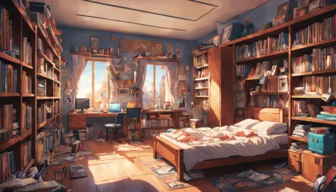 messy room, bookcase, bed, table, masterpieces, HD, high quality, high-quality, high-quality, high-quality, high-details, masterpiece, anime style, anime