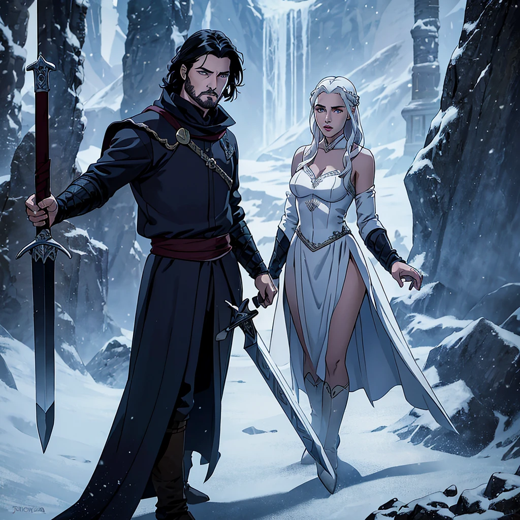 a man, wearing medieval attire, with ties that hold his agadas and his sword. having dark hair and eyes, an appearance that is based on Jon Snow. along with a woman with white hair, using her blue-colored magic, looking like Daenerys Targaryen.