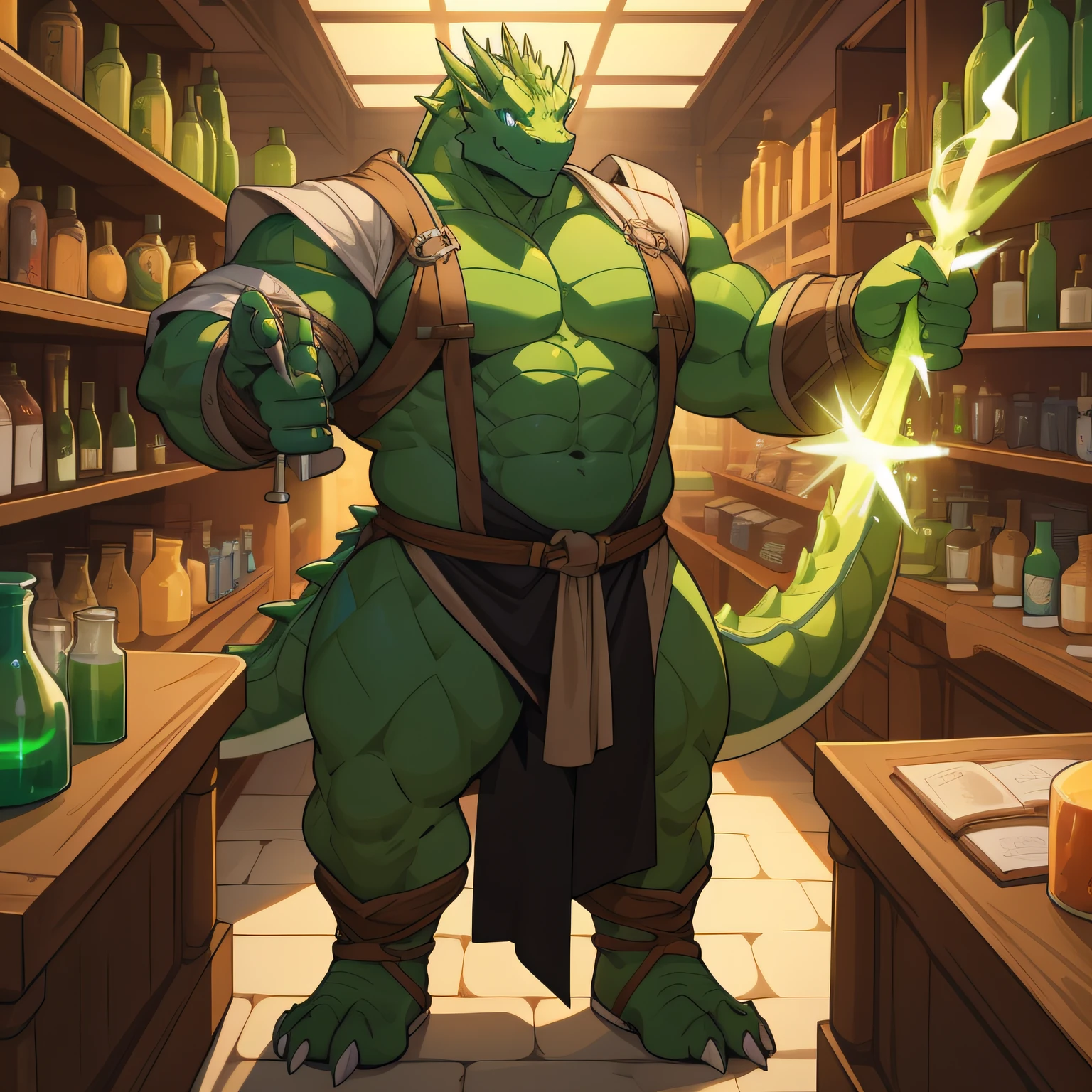 Un enorme dragón verde con ropa medieval ajustada y pectorales enormes te saluda con una sonrisa de bienvenida mientras estás en el mostrador de una tienda llena de pociones brillantes., cuerpo completo