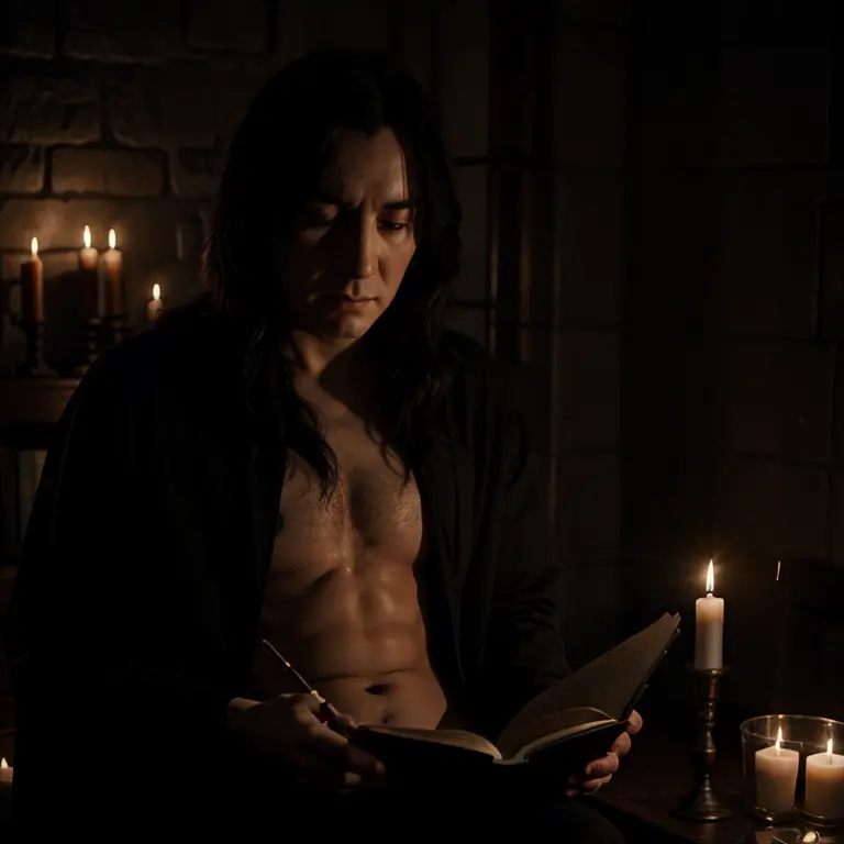 Severus Snape, reading a book, dark room, candle light, naked, bare chest