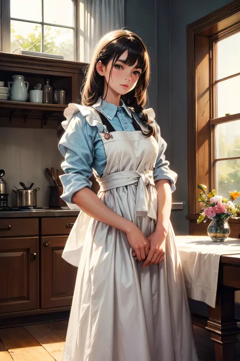 A housemaid,traditional dress, beautiful detailed apron, elegant posture, vintage style, detailed embroidery, crisp white collar...