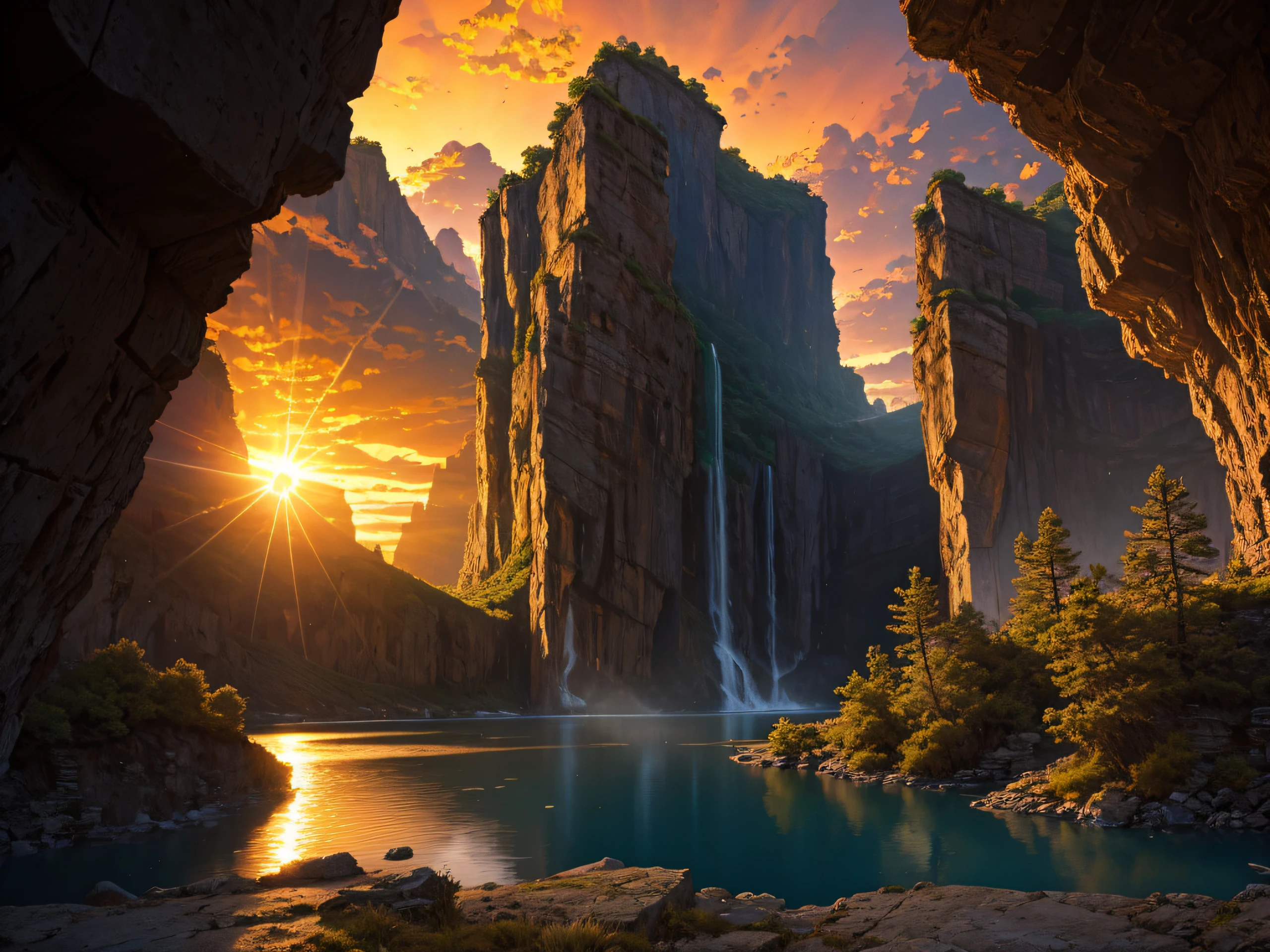 alien landscape, imagination, (realista), clear sky, compositing, sun sunset, (HDR:1.5), lake, waterfall, canyon