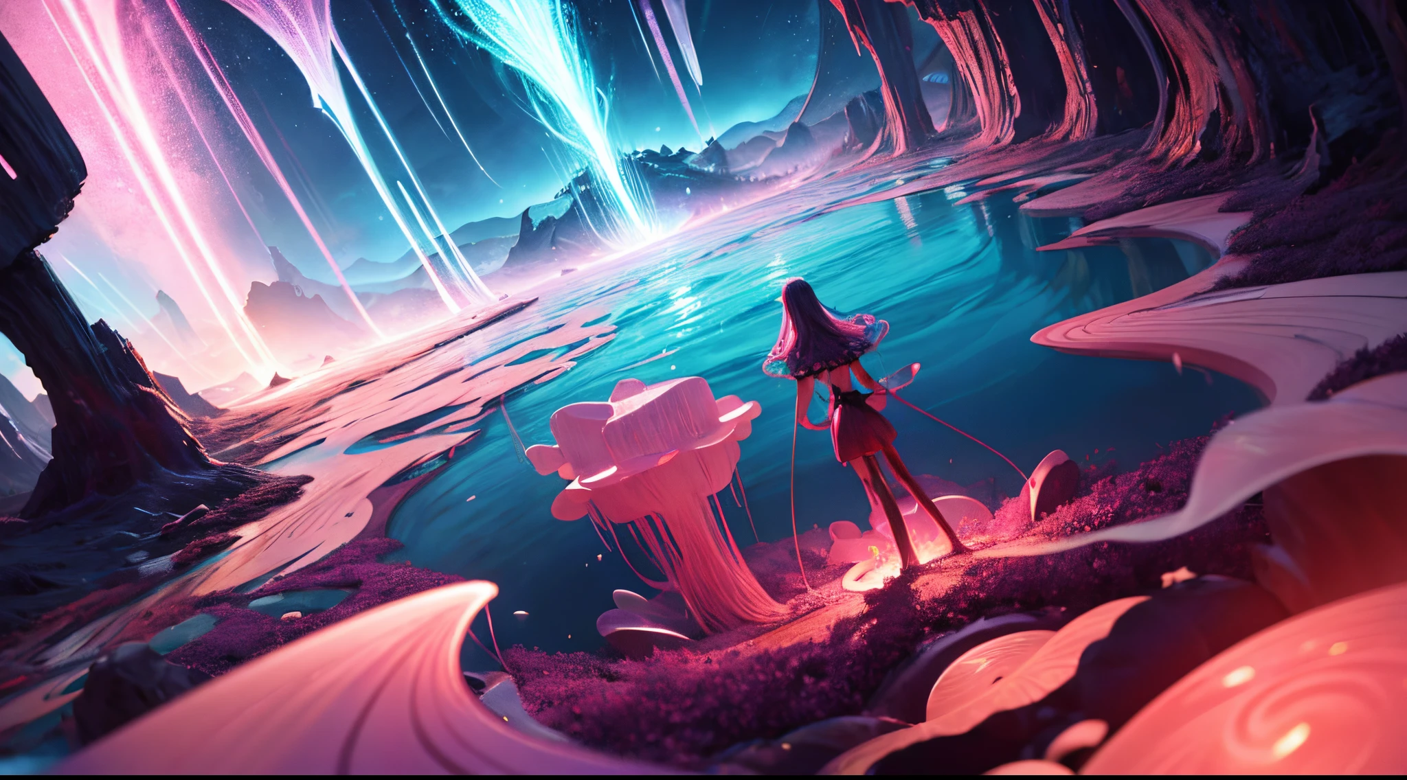 Challenge AI to forge an otherworldly candy land, merging surreal elements like floating candies, cascading chocolate waterfalls, and ethereal candy clouds. Aim for UHD resolution to enhance the dreamlike quality.