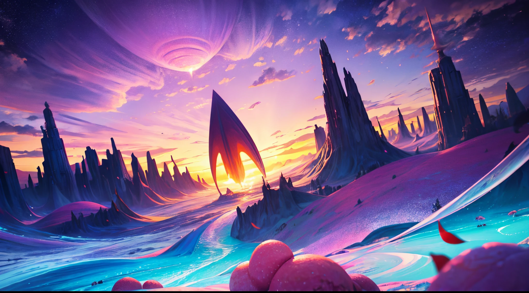 Challenge AI to forge an otherworldly candy land, merging surreal elements like floating candies, cascading chocolate waterfalls, and ethereal candy clouds. Aim for UHD resolution to enhance the dreamlike quality.