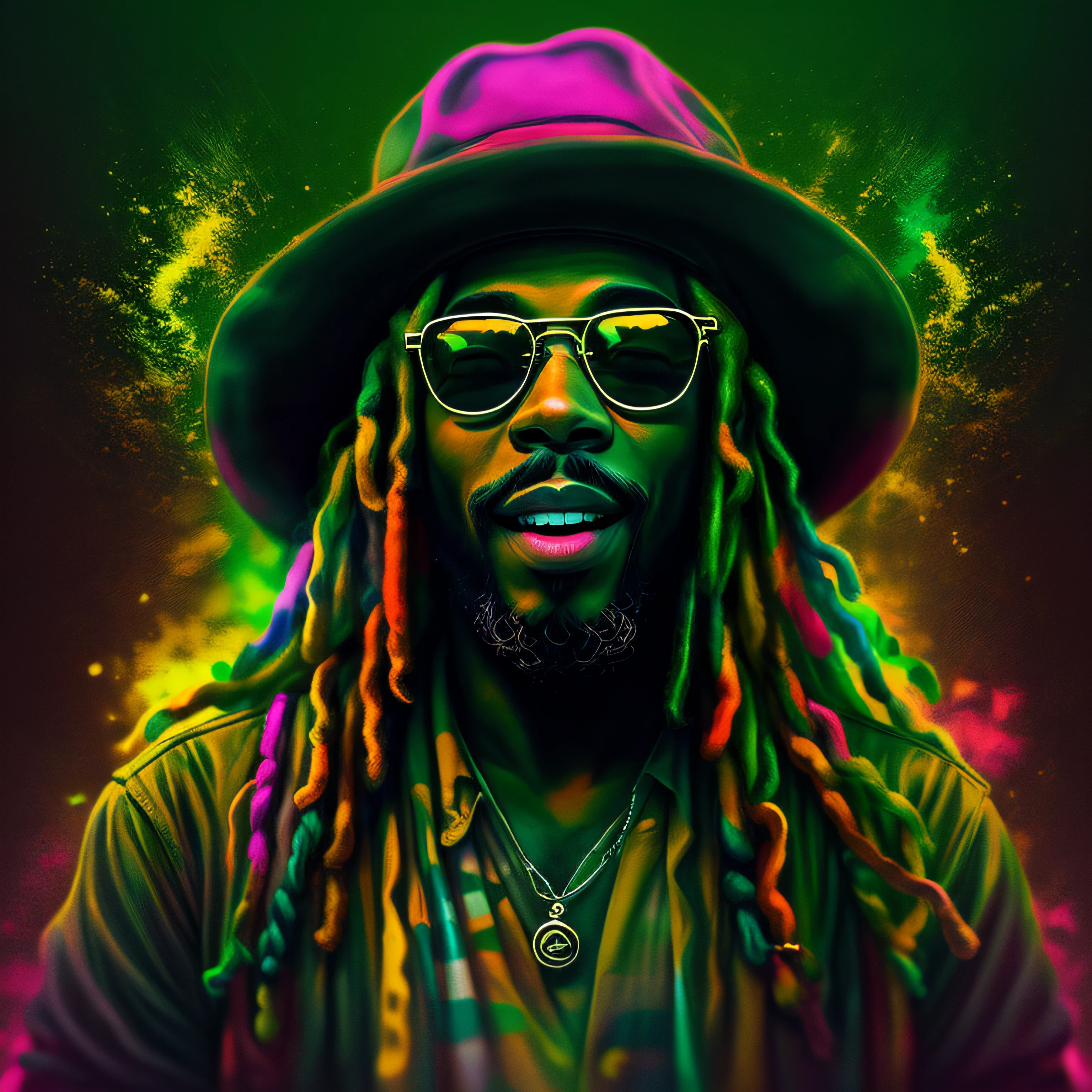 Vektorgrafiken, blur art (1blackRasta lächelt in reggaefarbener Kleidung) Mafia, Kinobeleuchtung im Neon-Stil, Tinte bespritzt