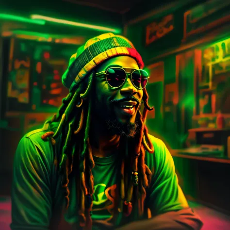 arte do vetor, blur art (1blackRasta sorrindo com roupas nas cores do reggae) mafia, neon style cinematic lighting, salpicado de...